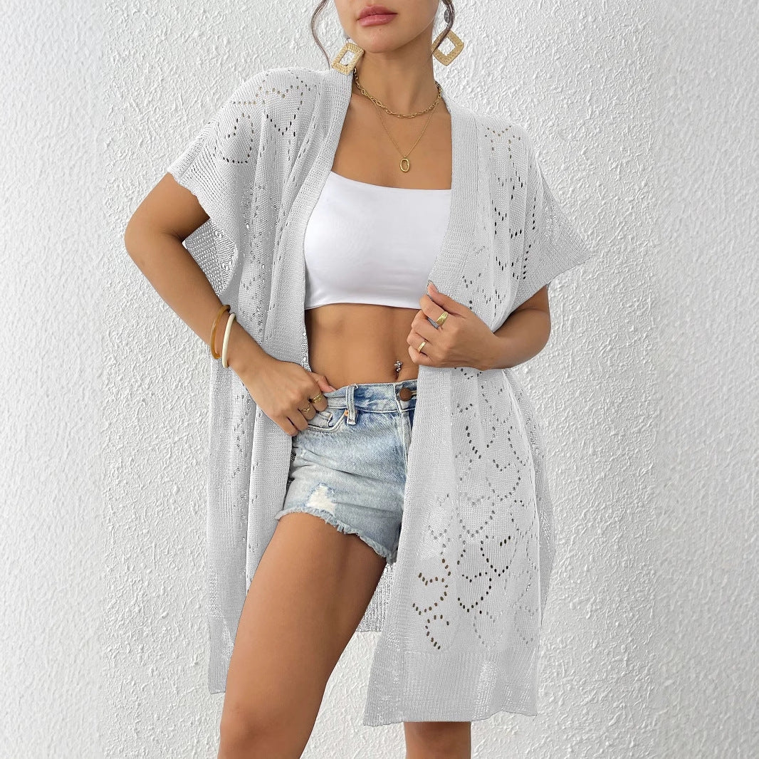 Damen luftiger Strick-Kimono mit floralem Lochmuster R&B