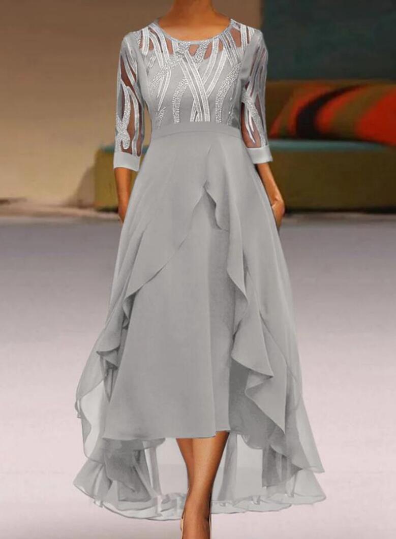 Damen nan edles Chiffon-Abendkleid mit besticktem Tülloberteil, Dreiviertelärmeln und asymmetrischem Stufen-Saum R&B