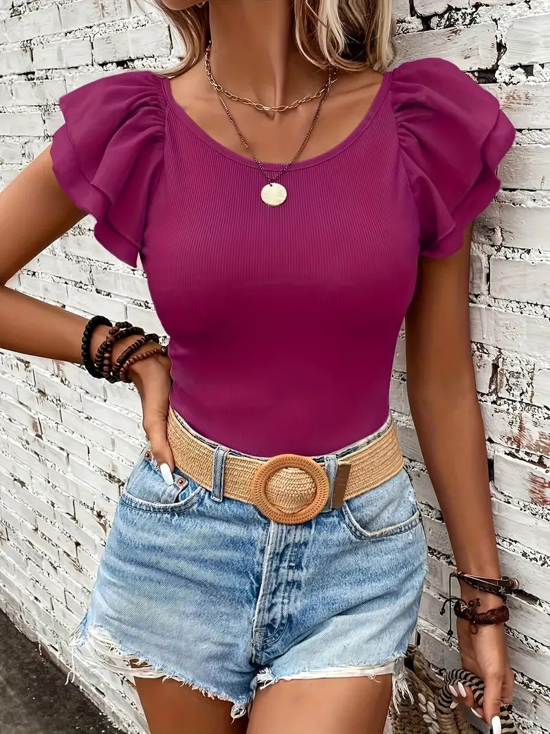 Damen Rippstrickoberteil mit Volants R&B