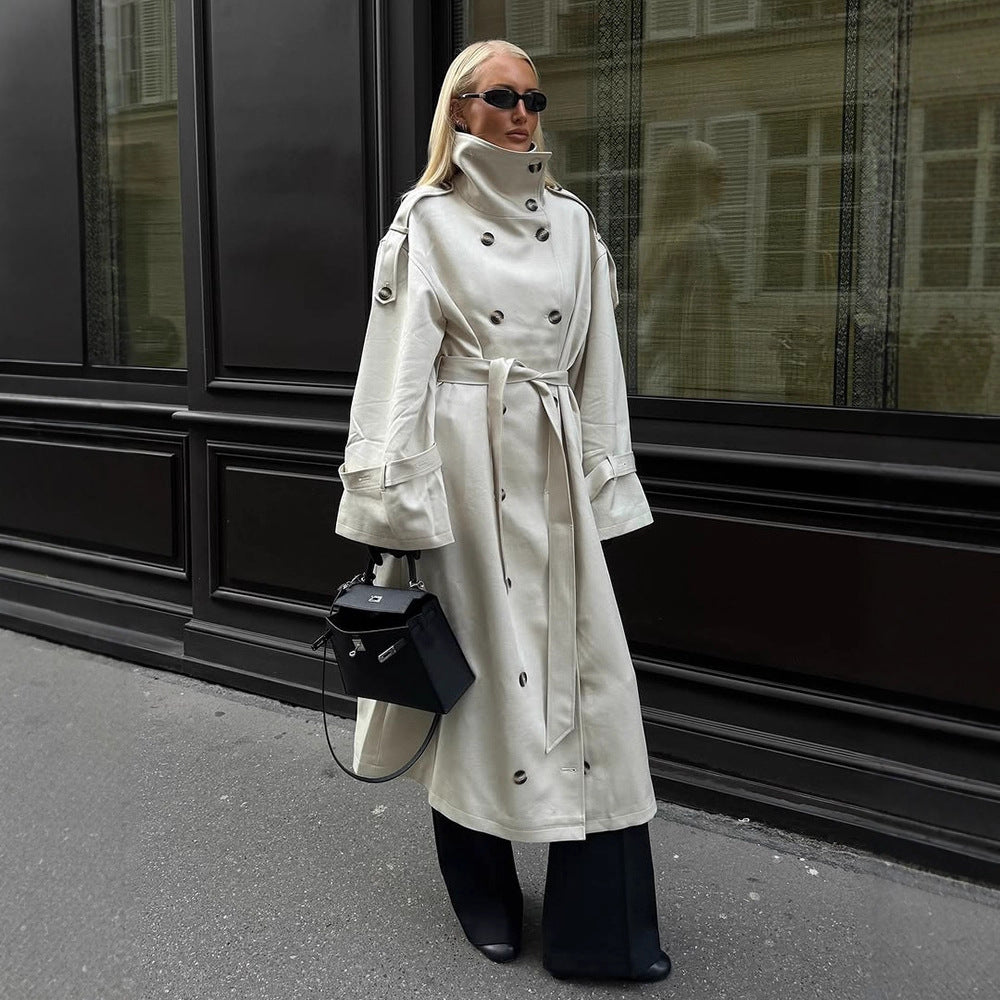 Damen eleganter Mantel mit hohem Kragen und taillierbarem Gürtel R&B