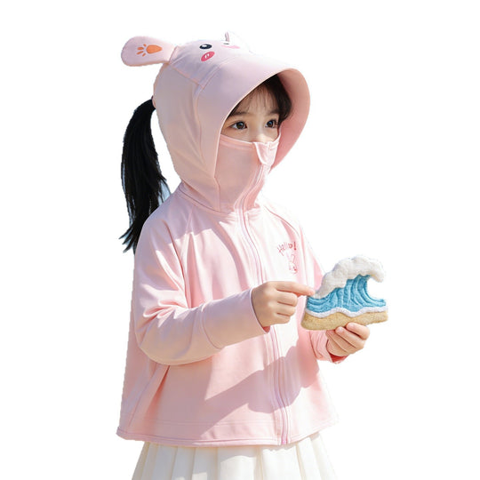 Unisex Nan Kids hoch UPF bewertete Kapuzen-Sonnen-Schutzjacke mit Reißverschluss-Gesichtsschutz und Pferdeschwanzöffnung R&B