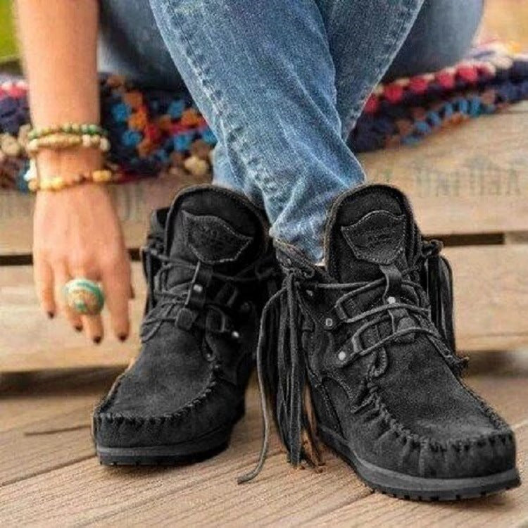 Damen Mokassinstiefel mit modischen Fransen und dekorativen Nähte R&B