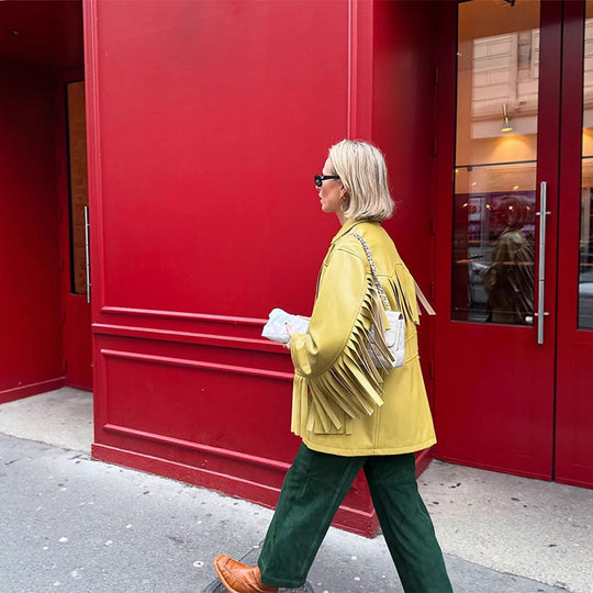 Damen Kunstlederjacke mit Fransen und praktischen Taschen R&B