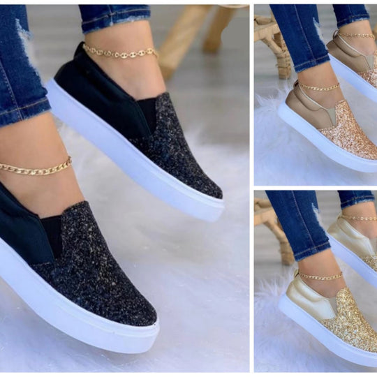 Damen modische Slip-On Sneakers mit Glitzer und atmungsaktiver Sohle R&B