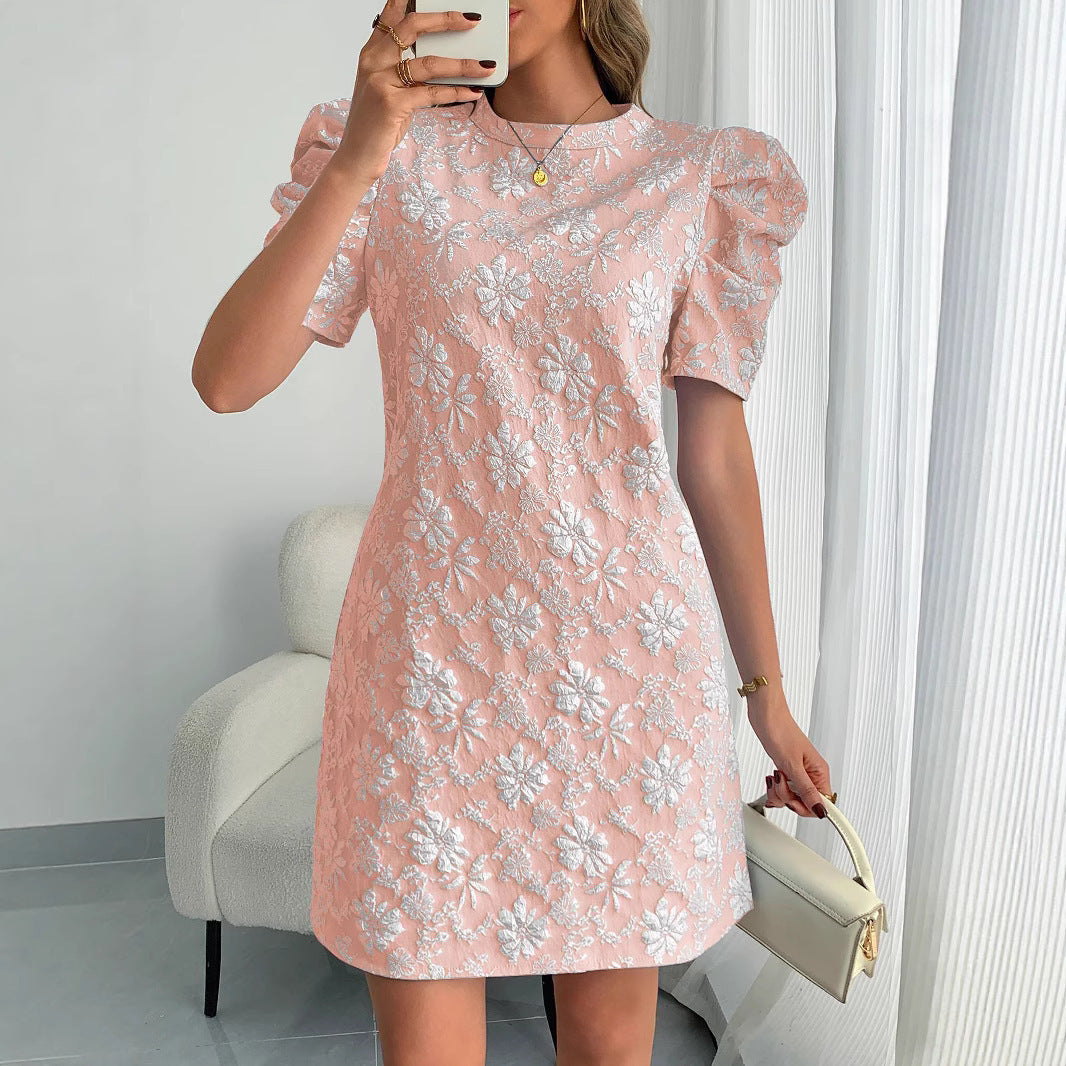 Damen Mini-Kleid mit Puffärmeln und floralem Stickdesign R&B