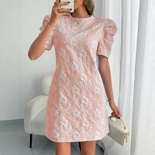 Damen Mini-Kleid mit Puffärmeln und floralem Stickdesign R&B