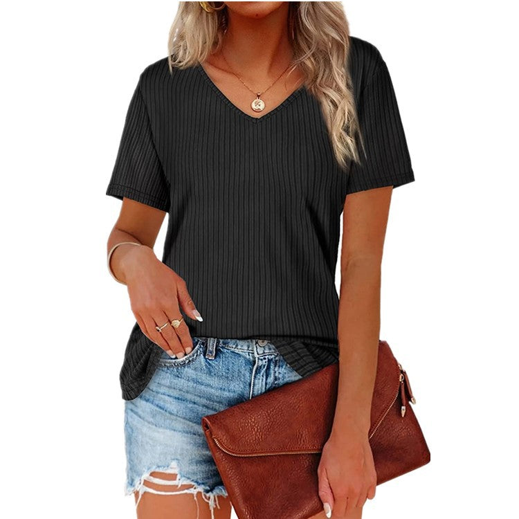 Damen Viskose T-Shirt mit feinem Rippstrickmuster und lässigem V-Ausschnitt R&B