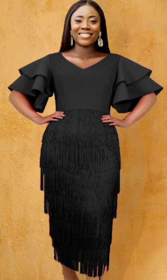 Damen Cocktailkleid mit voluminösen Rüschenärmeln und Fransen-Saum R&B