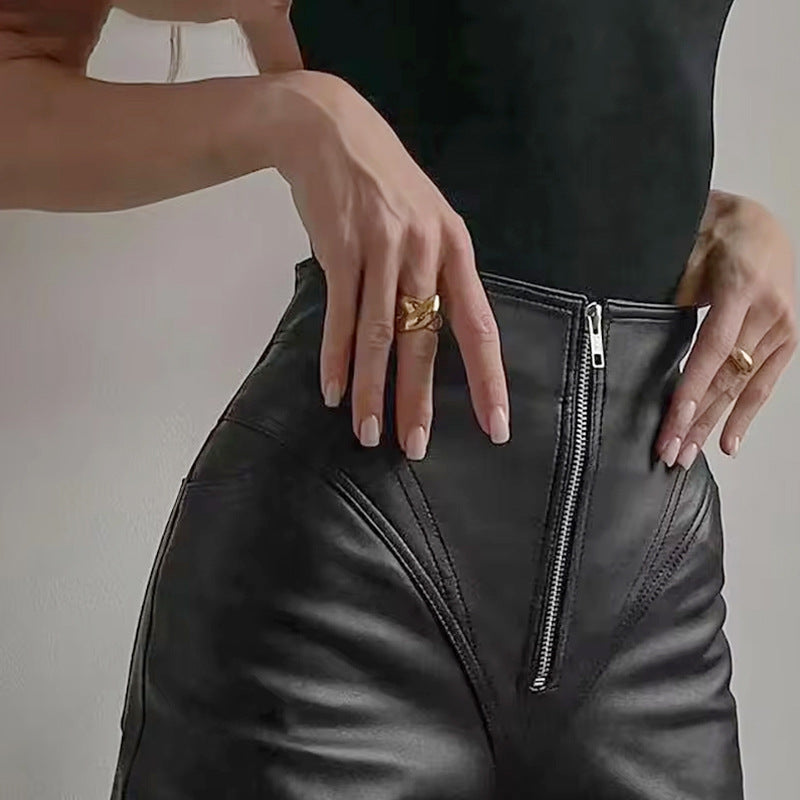 Damen hochgeschnittene Kunstlederhose