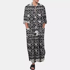 Damen nan Ethno-Maxikleid mit Stehkragen, kurzer Knopfleiste, überschnittenen Ärmeln und A-Linien-Schnitt R&B