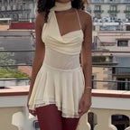 Damen elegantes asymmetrisches Mini-Kleid mit dekorativem Schulterband und fließendem Saum R&B