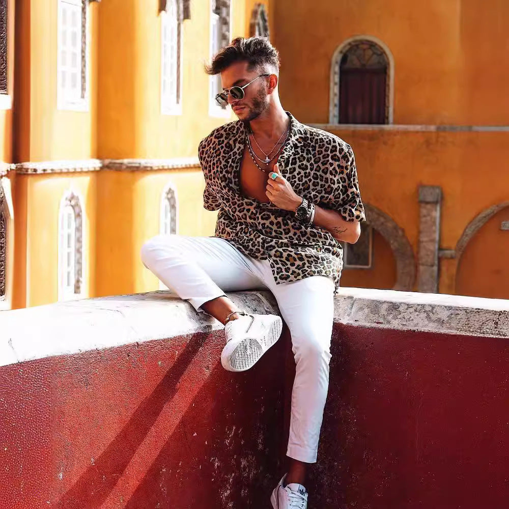 Herren Kurzarm-Hemd mit modernem Leopardenmuster und lässigem Schnitt R&B