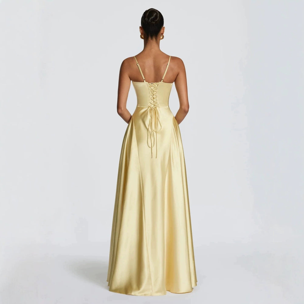 Damen elegantes Satin-Maxikleid mit raffinierten Spaghettiträgern R&B