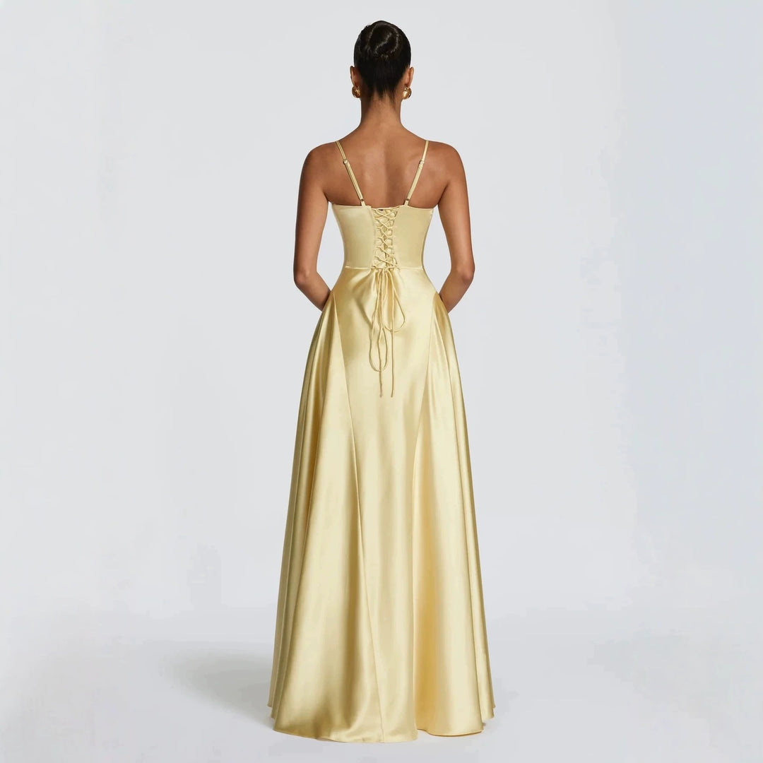 Damen elegantes Satin-Maxikleid mit raffinierten Spaghettiträgern R&B