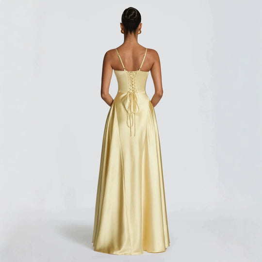 Damen elegantes Satin-Maxikleid mit raffinierten Spaghettiträgern R&B