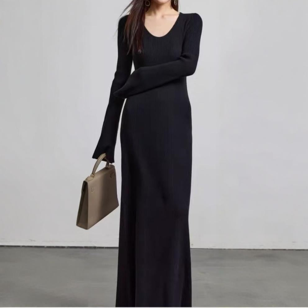 Damen elegantes Maxikleid mit feiner Rippstruktur und V-Ausschnitt R&B