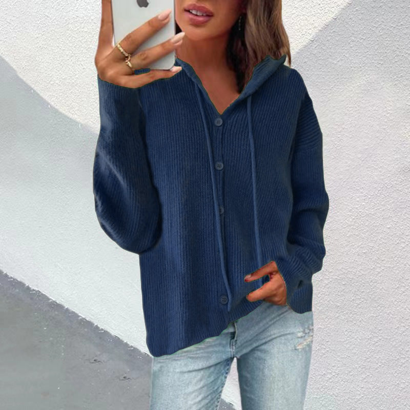 Damen Strickjacke mit Kapuze und Knopfleiste R&B