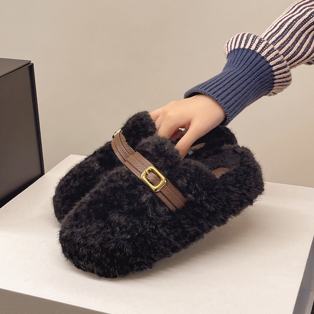 Damen Hausschuhe mit flauschigem Flausche-Obermaterial und modischem Schnallenverschluss R&B