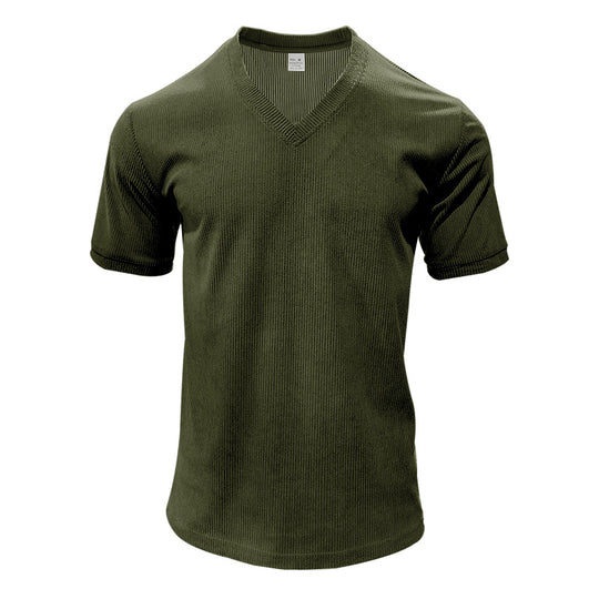 Herren nan strukturiertes V-Ausschnitt-Rippjersey-Shirt mit kurzem Arm und körpernaher Passform R&B