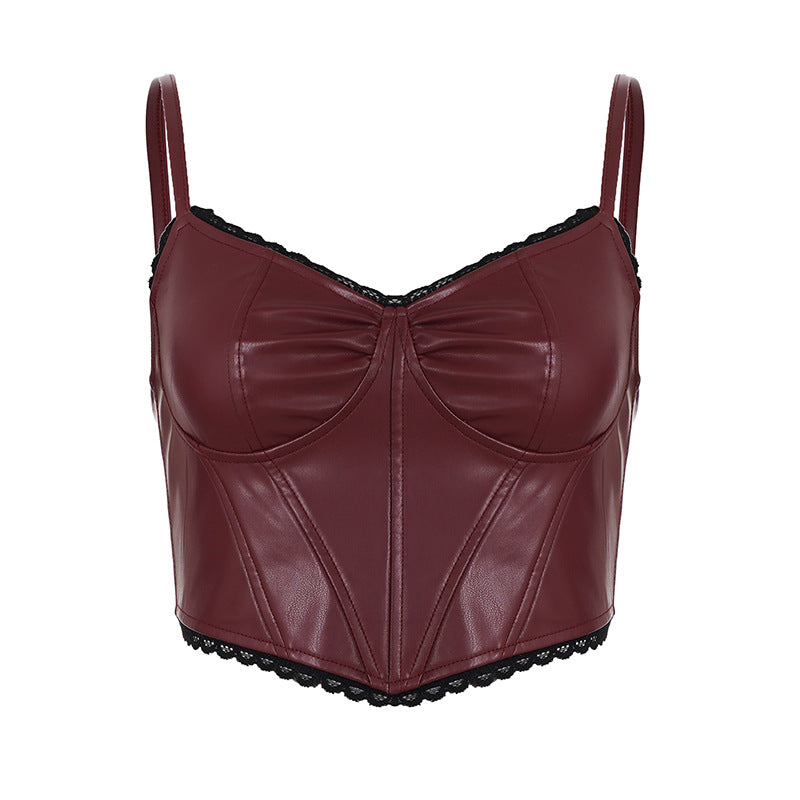Damen Kunstleder-Corsage-Top mit elegantem Spitzensaum R&B