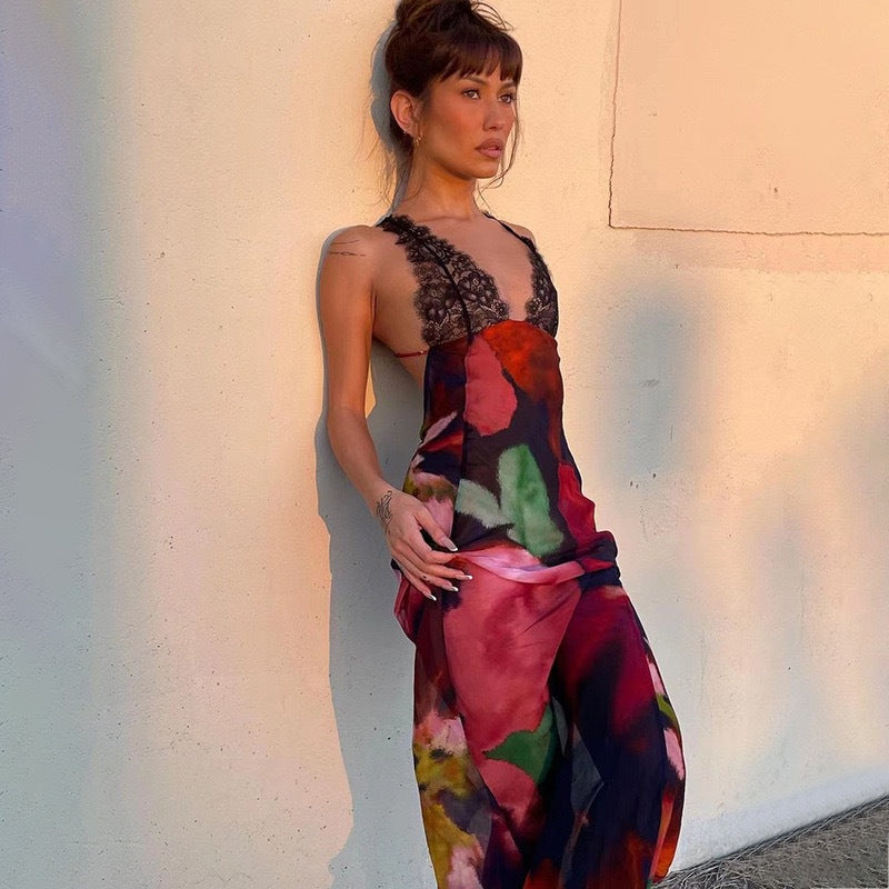 Damen Maxikleid mit raffiniertem Spitzenbesatz und floralen Mustern R&B