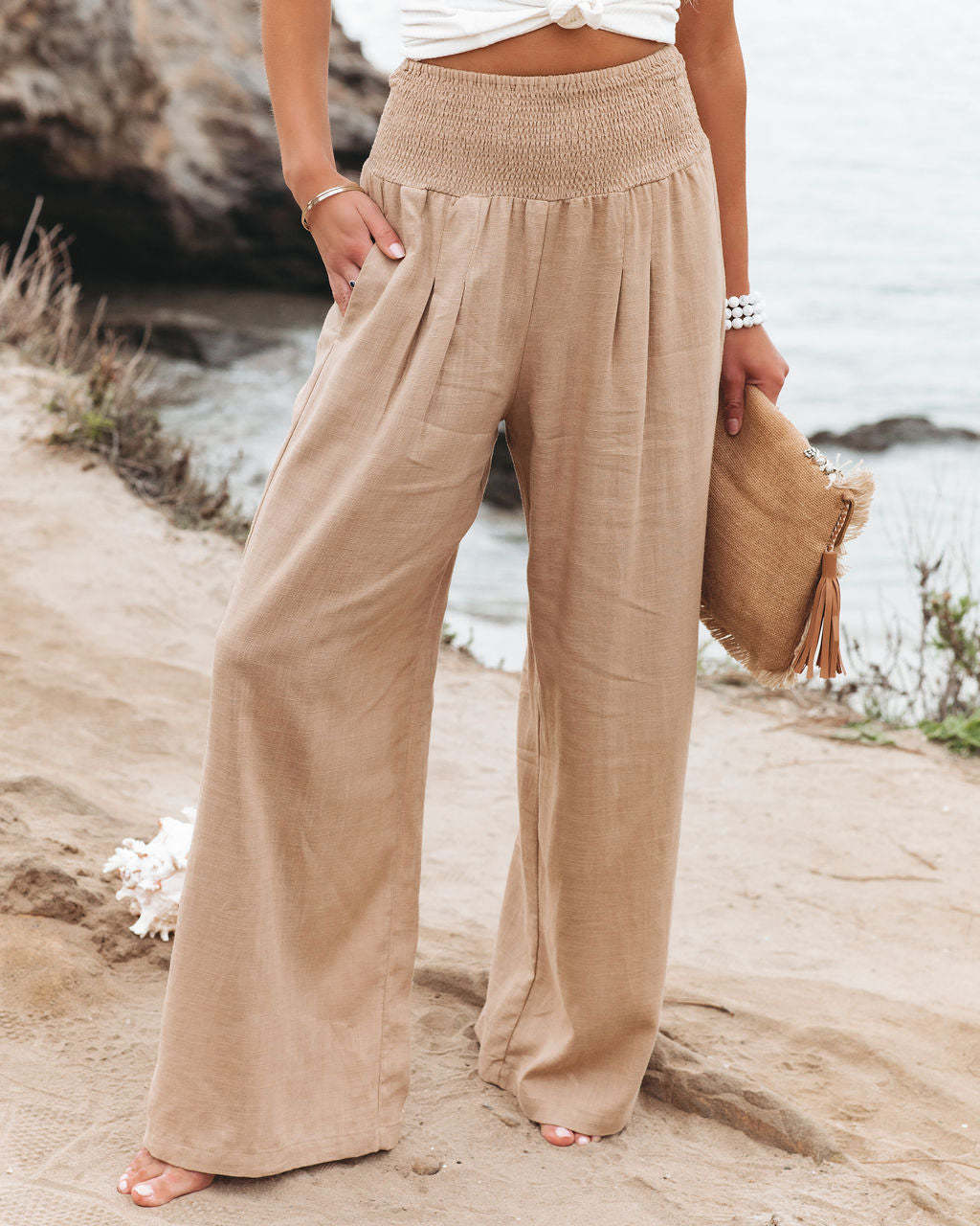 Damen Weit geschnittene Sommerhose mit elastischem Bund und eleganten Falten R&B