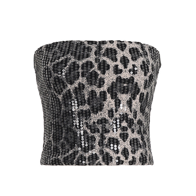 Damen Glamouröses Leopardenmuster Oberteil mit Pailletten R&B