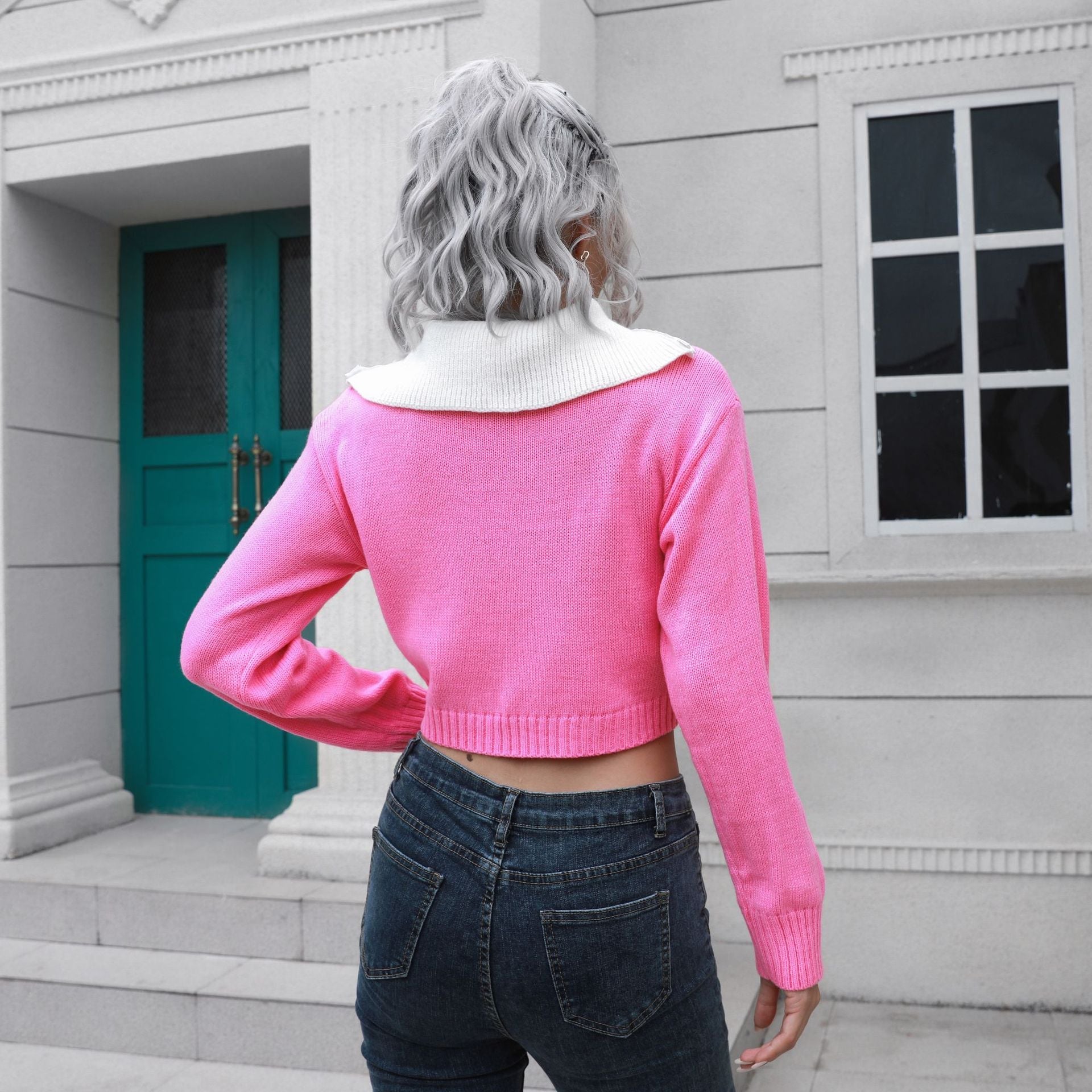 Damen Cropped Pullover mit hohem Kragen und verdecktem Reißverschluss R&B