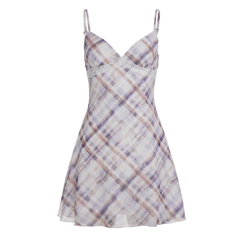 Damen Spitzen-Nachtkleid mit verführerischem V-Ausschnitt und feinen Karomustern R&B