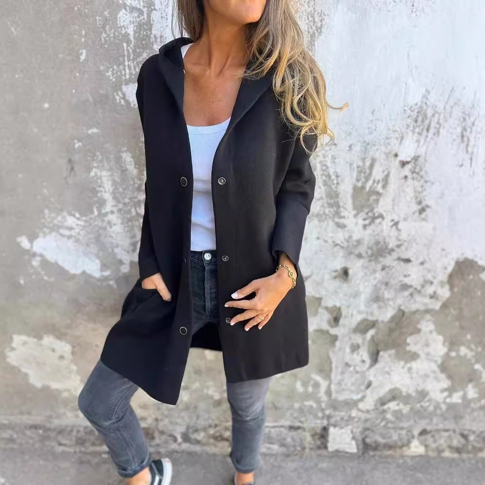 Damen nan Kapuzenmantel mittellanger Baumwollmix mit Druckknopfleiste und Eingrifftaschen R&B