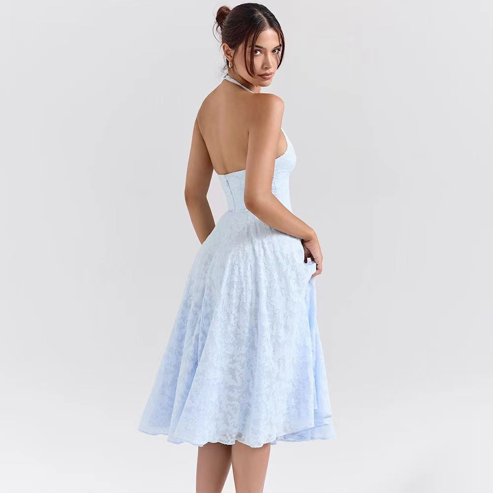 Damen Elegantes Midikleid mit tiefem V-Ausschnitt und schwingendem Rock R&B
