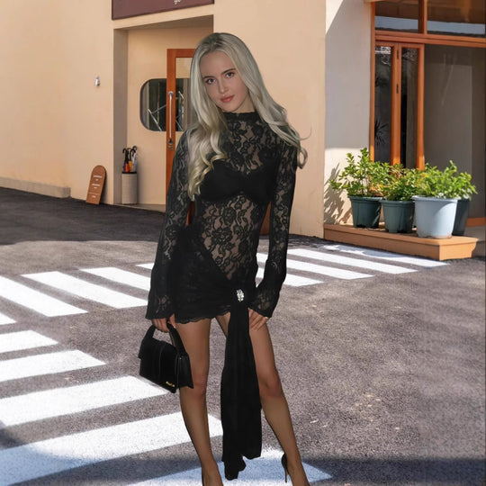 Damen Elegantes Wickelkleid mit floralen Spitzenbesätzen und asymmetrischem Saum R&B