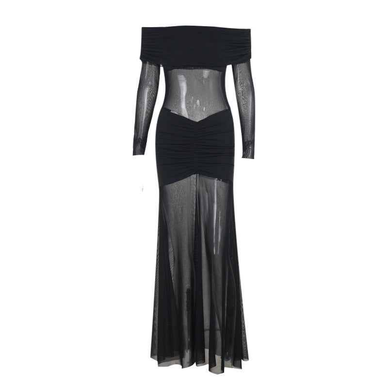 Damen durchsichtiges Maxikleid mit schulterfreiem Design und Rüschungen R&B