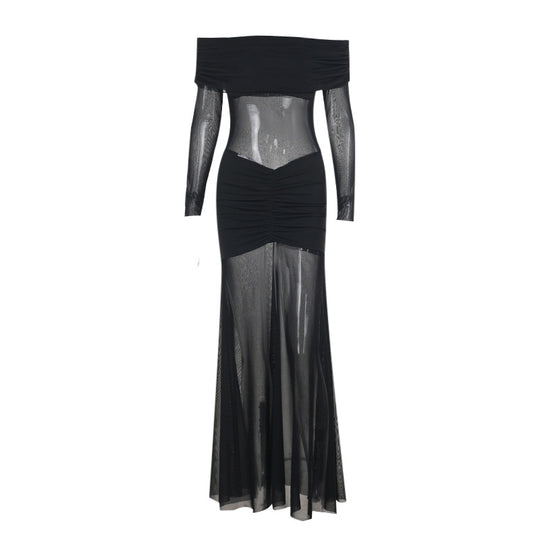Damen durchsichtiges Maxikleid mit schulterfreiem Design und Rüschungen R&B