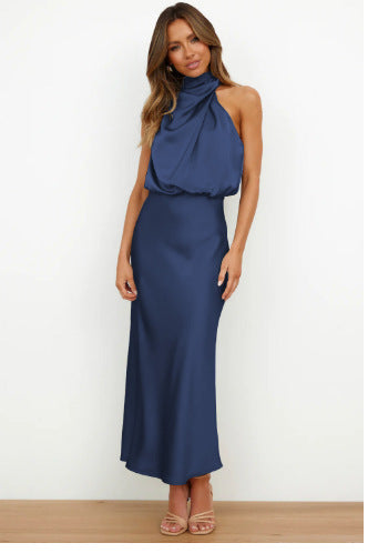 Damen Fließendes Maxikleid mit elegantem Stehkragen und Drapierung R&B