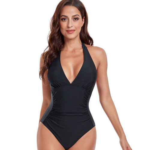 Damen Einteiler Badeanzug mit tiefem V-Ausschnitt und stilvollem Animalprint R&B