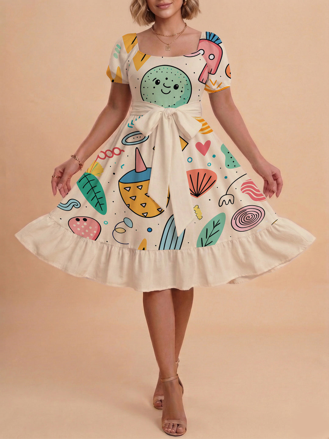 Damen Sommerkleid mit floralem Puffärmel und taillierbarem Gürtel R&B