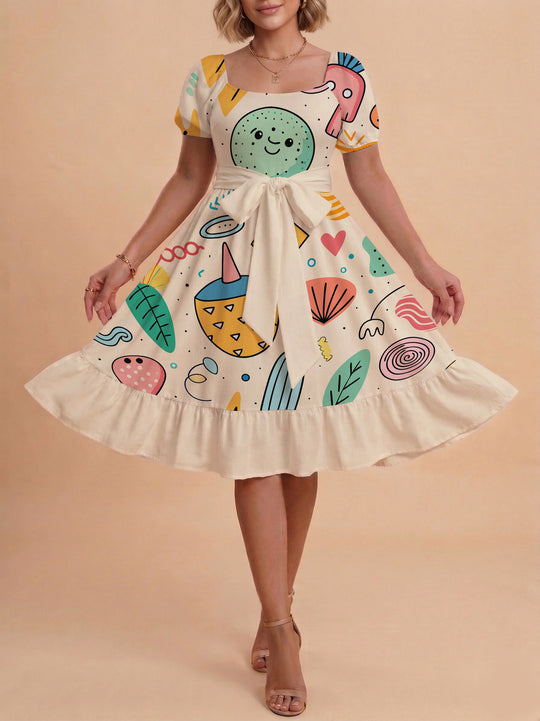 Damen Sommerkleid mit floralem Puffärmel und taillierbarem Gürtel R&B