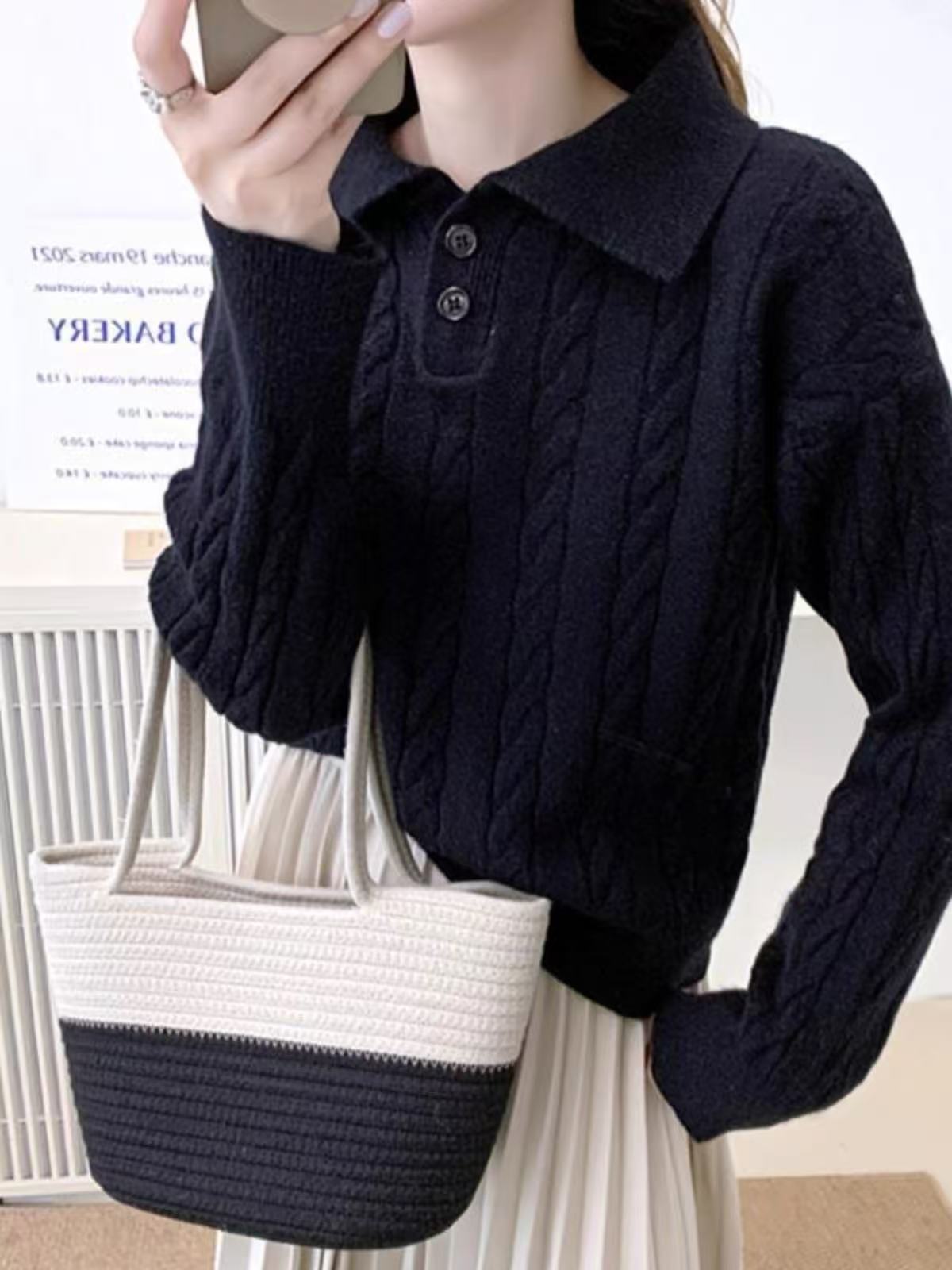Damen Strickpullover mit Kragen und Knöpfen
