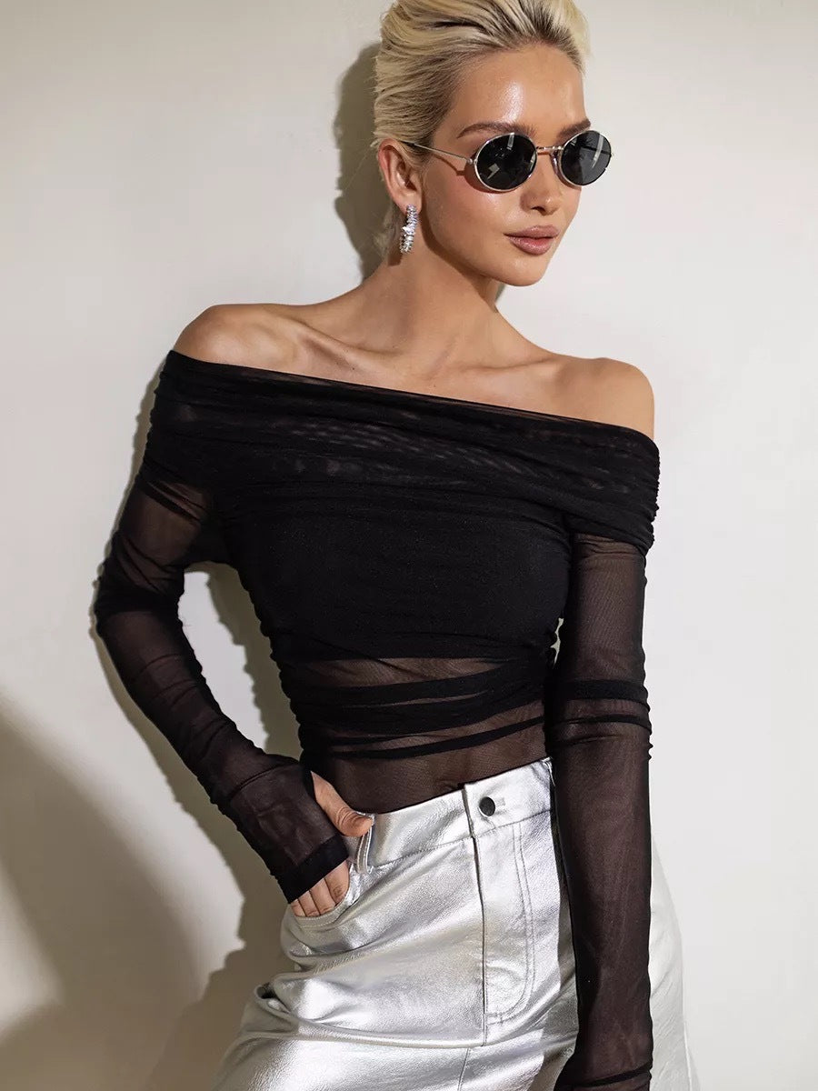 Damen Off-Shoulder Langarmshirt aus leicht transparentem Stoff mit raffiniertem Drapierungseffekt R&B