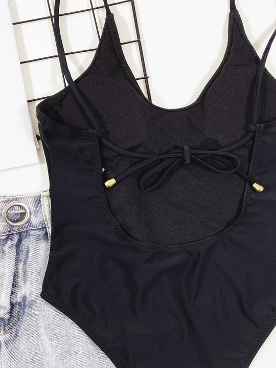 Damen Hochgeschnittener Cut-Out Badeanzug mit Bindebändern R&B