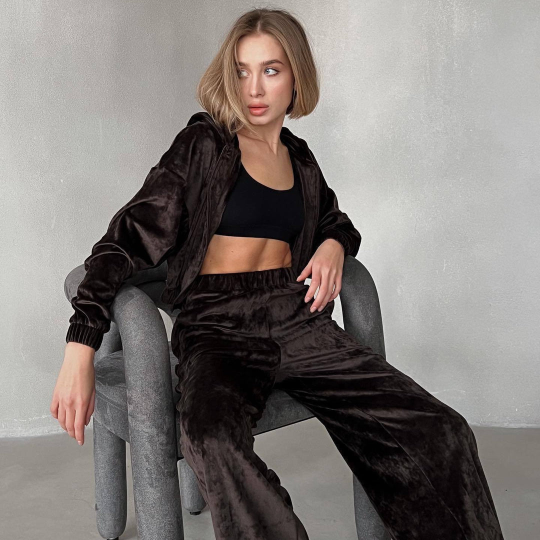 Damen sportliches Velours-Loungewear-Set mit praktischer Kapuze und elastischen Bündchen R&B