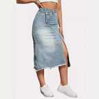 Damen Jeansrock mit seitlichem Schlitz und fransigem Saum R&B