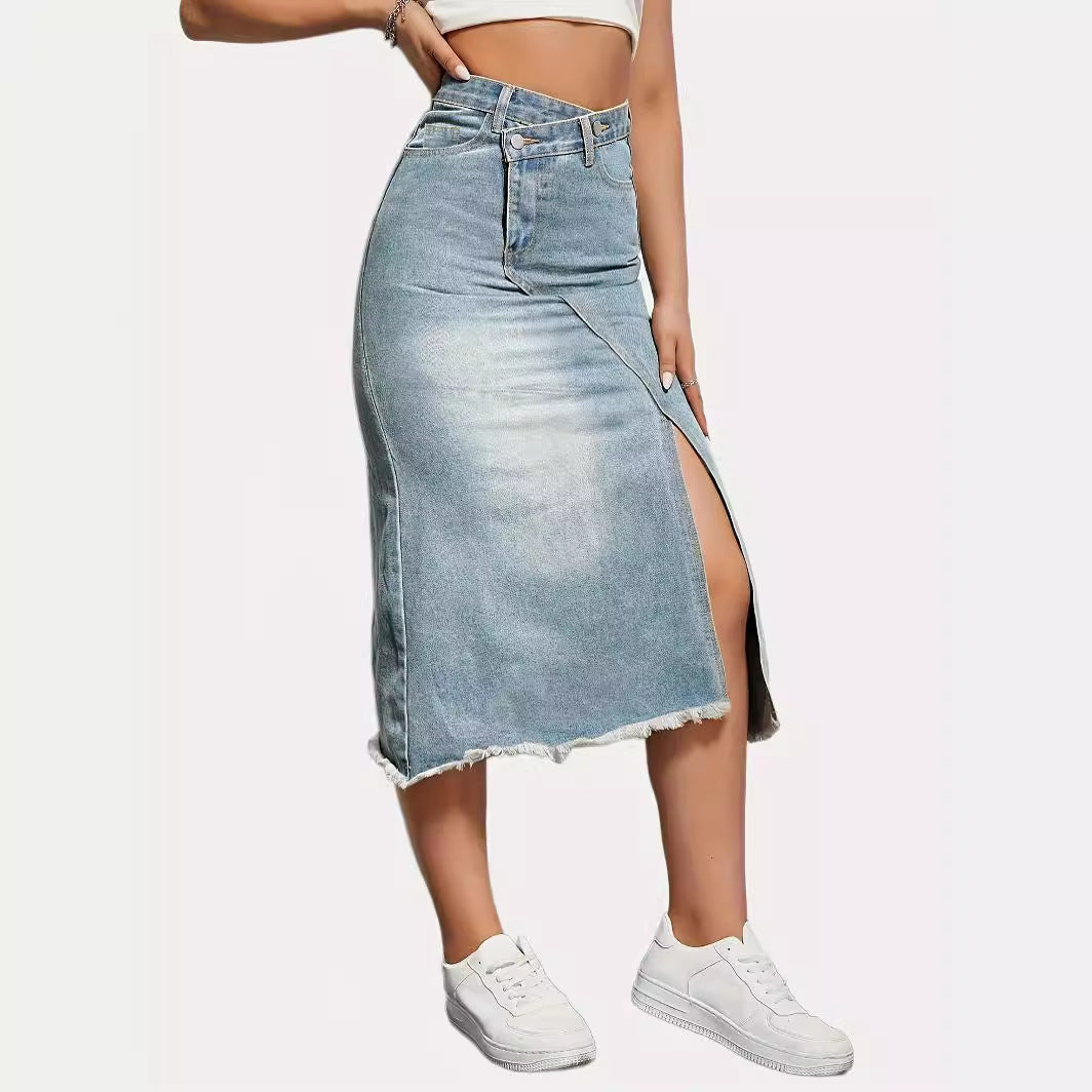 Damen Jeansrock mit seitlichem Schlitz und fransigem Saum R&B