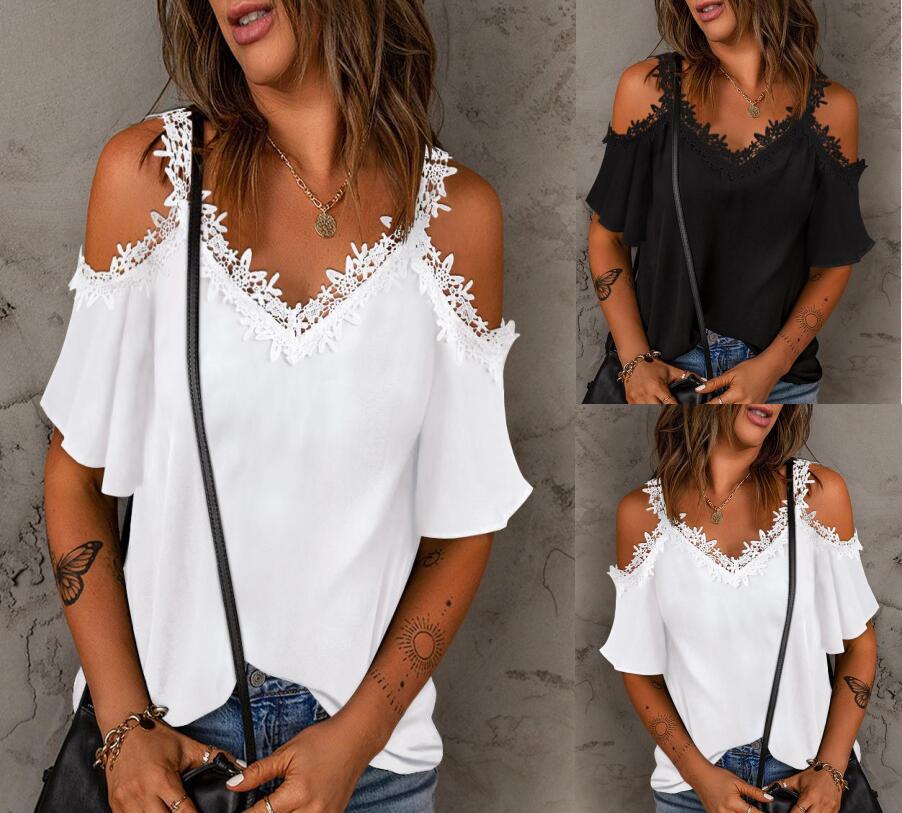 Damen Bluse mit Spitzendetails und schulterfreiem Design R&B