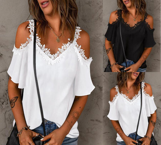 Damen Bluse mit Spitzendetails und schulterfreiem Design R&B