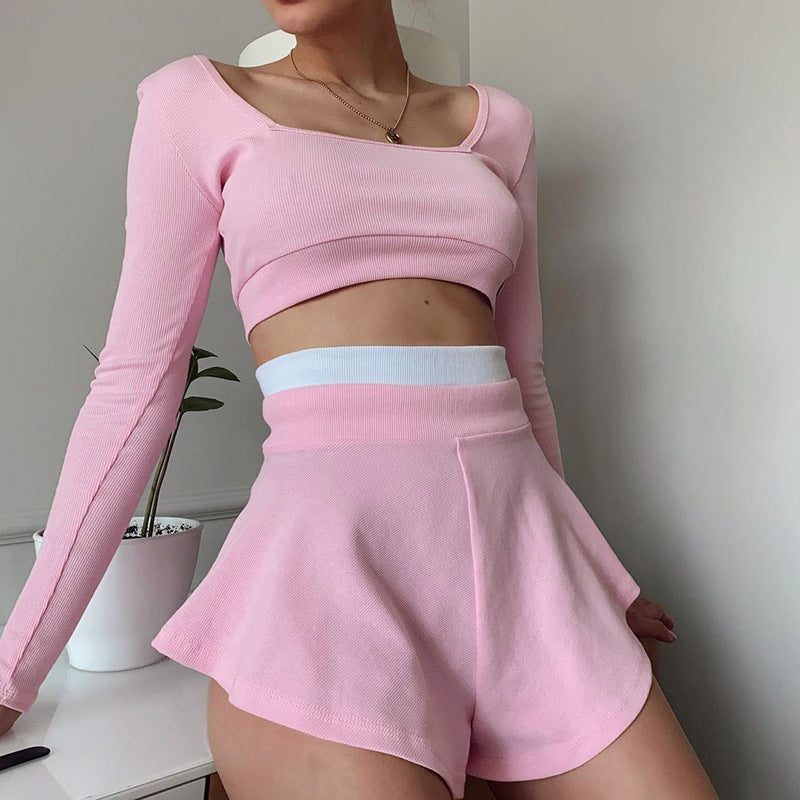 Damen Sportliches Crop-Top und Shorts Set R&B