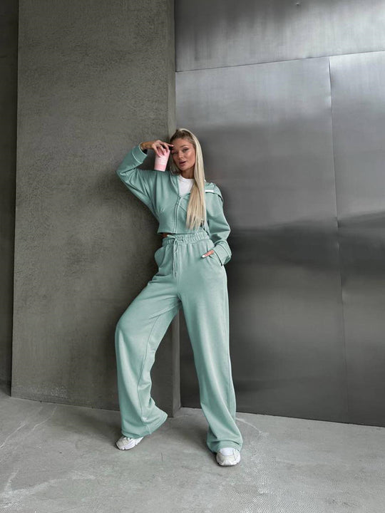 Damen lässiges Freizeit-Set mit hochgeschlossenem Oberteil und weiten Hosen R&B