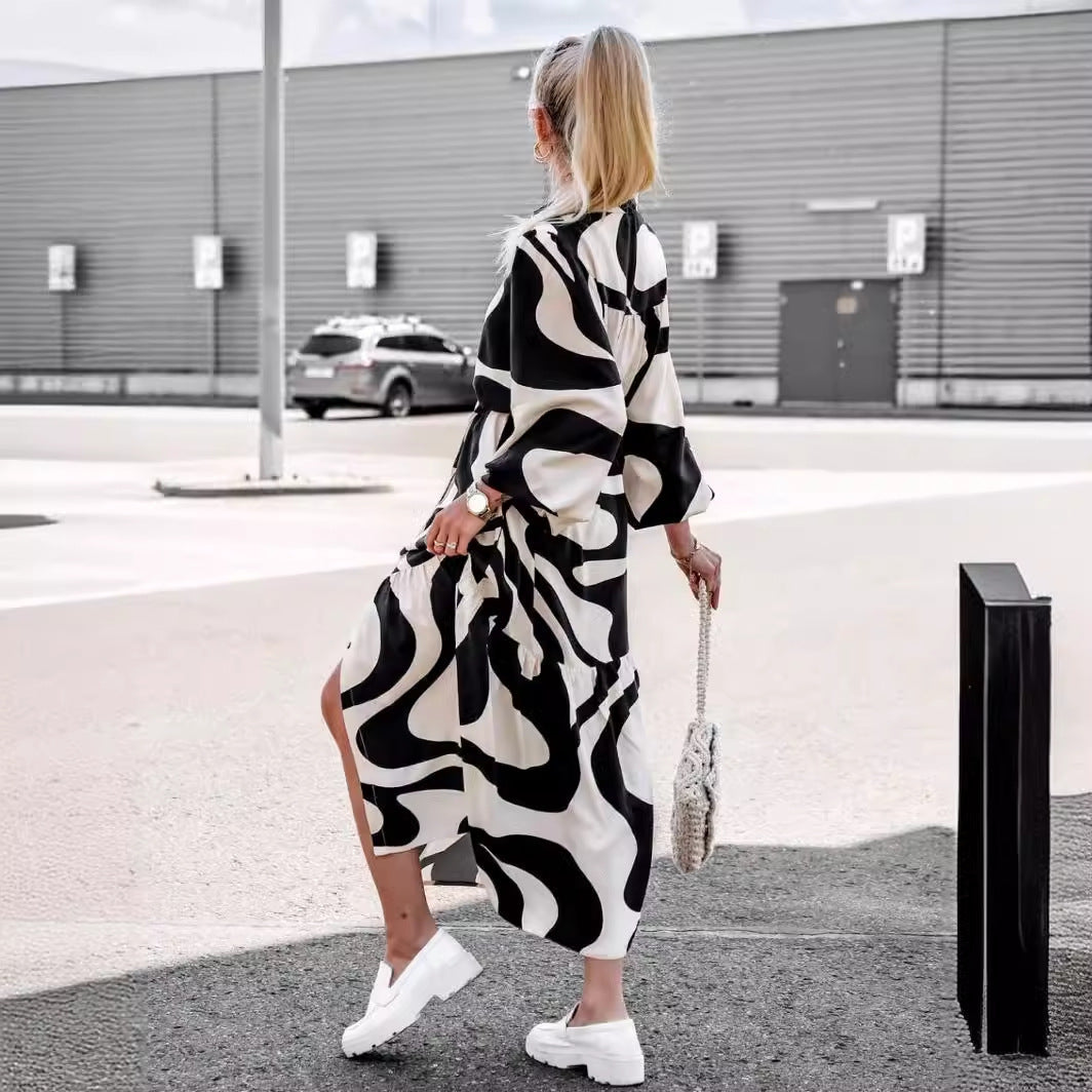 Damen Langarm Hemdblusenkleid mit modischem Muster und Taillengürtel R&B