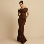 Damen Elegantes Spitzenabendkleid mit schulterfreiem Design und raffiniertem Schlitz R&B